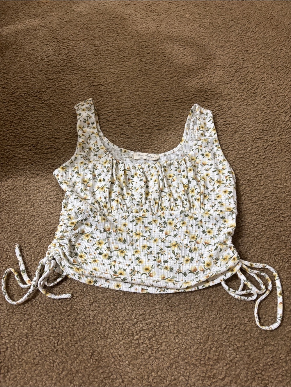 Smocked Floral Crop Top with Side Ties - White & Yellow